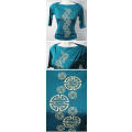 Ladies high stretch three quarter sleeve teal blue asian motif top