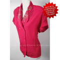Womens dark fuscia pink button up blouse with unique collars