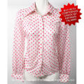 Quality vintage ladies white blouse with pink dots and large collars