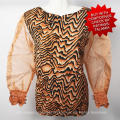 Ladies black and caramel brown silk feel blouse with mesh bellow balloon sleeves