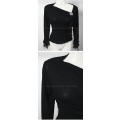 Ladies black high stretch asymmetric top with frills and lace cuffs