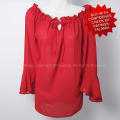 Womens sexy red wide neckline open shoulder adjustable chiffon blouse