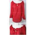 Womens sexy red wide neckline open shoulder adjustable chiffon blouse