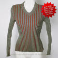 Ladies v-neck vertical stripes khaki green and rust brown sweater jersey top