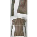 Ladies v-neck vertical stripes khaki green and rust brown sweater jersey top