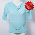 Ladies baby blue cowl neckline stretch top with attached cord belt
