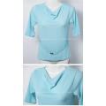 Ladies baby blue cowl neckline stretch top with attached cord belt