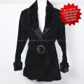 Ladies soft black faux suede light weight jacket with faux fur collar and belt