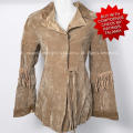 Ladies super soft sandy brown faux suede light weight jacket with tassle details