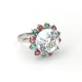Radiant 18ct white gold & white sapphire ring with pink and green accent stones