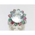 Radiant 18ct white gold & white sapphire ring with pink and green accent stones