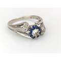 Vintage 18ct white gold ring set with white diamonds & blue sapphires