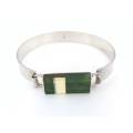 MCM sterling silver hinged bangle with green malachite stone