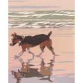 Original linocut of a beach scene and Jack Russell by Joshua Miles