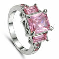 Pink Emerald Cut Sapphire Ring  Rhodium Plated Wedding Engagement Jewelry