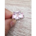 Pink Emerald Cut Sapphire Ring  Rhodium Plated Wedding Engagement Jewelry