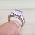 Pink Cushion Cut Crystal Engagement Ring in  Silver