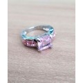 Pink Cushion Cut Crystal Engagement Ring in  Silver