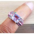 Pink Cushion Cut Crystal Engagement Ring in  Silver with Side Stones