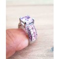 Pink Cushion Cut Crystal Engagement Ring in  Silver with Side Stones
