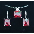 Swarovski **Ruby Red **Square Cut Necklace & Earrings  Set Gold Plated  Link Chain