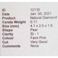 0.11cts Diamond Pear Cut SI1 Faint Pink  CERTIFIED