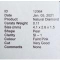 0.11cts Diamond Pear Cut SI1 Faint Pink  CERTIFIED