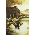 P Man - Oriental boat scene - A beautiful oil painting! Very low price! - Bid now!