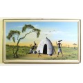 P Khumalo - Figures and a hut in a landscape - A beautiful oil painting! Low price, bid now!!
