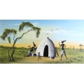 P Khumalo - Figures and a hut in a landscape - A beautiful oil painting! Low price, bid now!!