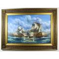 J Harvey - Ships in battle - A stunning oil painting! - Beautiful frame! - Bid now!!