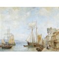 T Bouily - Harbor scene - A beautiful oil painting! - Low price, bid now!