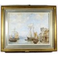 T Bouily - Harbor scene - A beautiful oil painting! - Low price, bid now!
