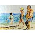 Susan Reynecke - Family at the beach - A beautiful watercolor!! Bid now!!