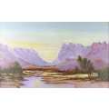 W Stander - River and mountain scene - A beautiful acrylic painting - Ornate wooden frame - Bid now!