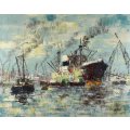 AH Recis - Boats in the harbour - A beautiful oil painting! - Spoil yourself, bid now!
