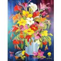 Sonja Meyer - Still life flowers - 100cm x 75cm - Oil and palette knife - Magnificent!! - Bid now!!