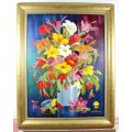 Sonja Meyer - Still life flowers - 100cm x 75cm - Oil and palette knife - Magnificent!! - Bid now!!