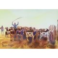 Thokozani Mathobela - Herder with sheep - A beautiful little watercolor!! - Bid now!