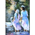 June Tucket - Two girls and a swan - A beautiful piece of art!! - Bid now!!