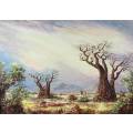F Potgieter - Baobab trees in a landscape - 1962 - A beautiful painting!! Bid now!!