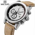 Luxury MEGIR Military Leather Strap Quartz Watch Chronograph Mens Watch