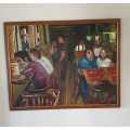 Oil on canvas very large bar / resturant scene signed Leon