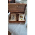 Vintage Rose wood playing card box with dice all original