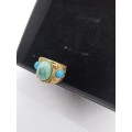 Ring : Turquoise (Aqua) 3 Stones, Gold plated, Size small - fits ring size K and half