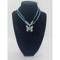 Necklace : Turquoise (Aqua) Stones, silver plated, butterfly shape pendant