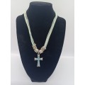 Necklace and Pendant : Turquois Stones in Silver Tone Cross