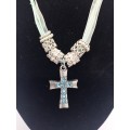 Necklace and Pendant : Turquois Stones in Silver Tone Cross