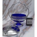 VINTAGE : Stunning silver-tone jam/sugar bowl (cobalt blue glass with silver tone stand)