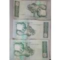 South Africa 10 Rand Bank Notes x3
